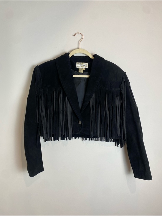 Jackets & Blazers - Vintage Cedars Black Fringe Suede Leather Cropped Cowgirl Collared Coat Size M